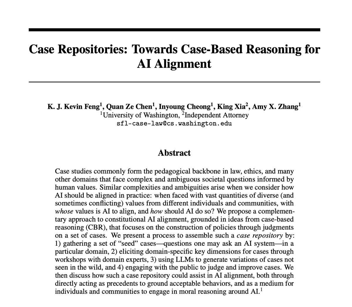 Introducing 📜Case Repositories📜, an approach that uses case-based reasoning to supplement constitutional approaches (e.g., @AnthropicAI's Constitutional AI) for LLM alignment! arxiv.org/abs/2311.10934 w/ @cquanze, @InyoungCheong, King Xia, and @amyxzh (1/n)