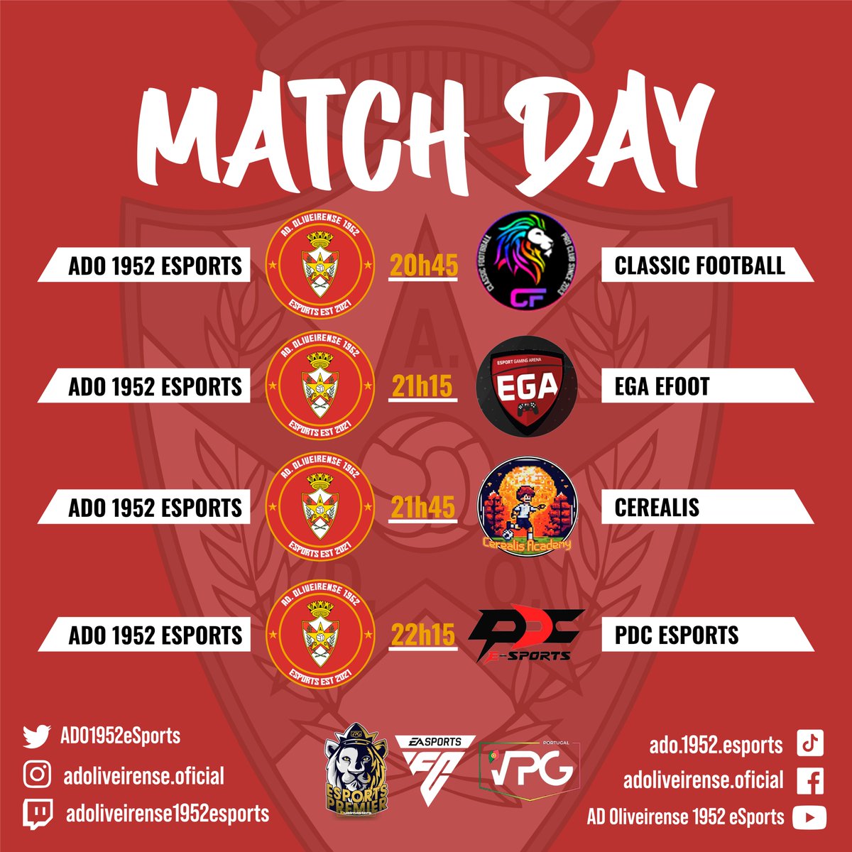 🏆Dia de Jogo

Mais uma noite recheada de jogos e de conteúdo.

Nova ronda da <a href="/VPGEurope/">Virtual Pro Gaming | Europe</a> Cup, a contar para os 16 avos.
<a href="/VPGPremier/">VPG Esports Premier</a>, onde queremos voltar a forma de outros tempos.
E claro <a href="/VPGLigaPortugal/">VPG Liga Portugal 🇵🇹</a>, com mais 2 para ganhar.

A Alma Ninguém Nos Tira🔴⚪️

#EAFC24