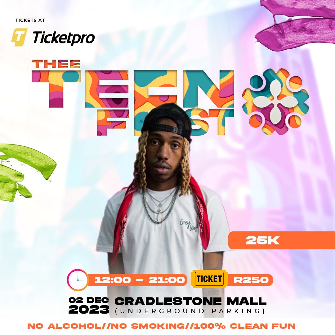 TheeTeenFest's tweet photo. Just under 4 days left😱Are you seriously ready for this?👀

"Ska founa ka quarter to six,ake teng ke tswile ka tropo" and that's because he will be live @TheeTeenFest with us😭👌🏾

Our last headliner,the Pheli Makaveli himself: @TheReal_25K

Get your tickets NOW!

#TheeTeenFest https://t.co/FKdB1sjmxV