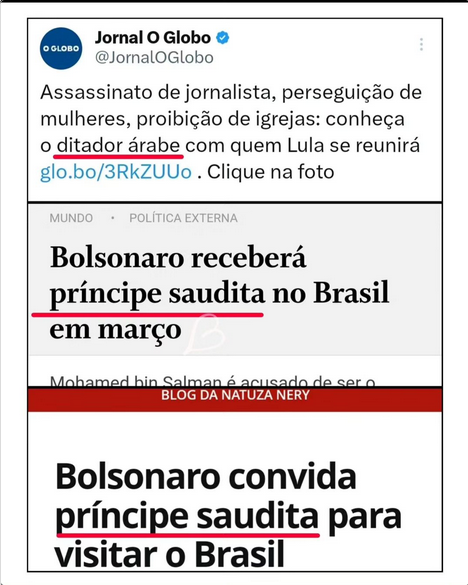 ribeirotrilhas's tweet photo. Imprensa com Lula: 
"Lula visita Ditador assassino"

Imprensa com Bol sonaro: 
"Bol sonaro recebe Príncipe saudita"

Aos desavisados, são a mesma pessoa tá!! 😉 https://t.co/coLmANB4rg