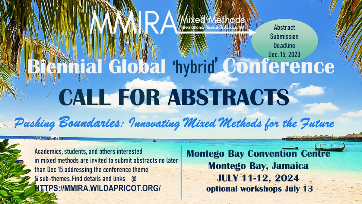 @MMIRAssociation invites you to SUBMIT YOUR ABSTRACTS asap for the next Global 'hybrid' Conference in 👇 Montego Bay, Jamaica. Find details on the website @ 😃 mmira.wildapricot.org👇 #research #mixedmethods