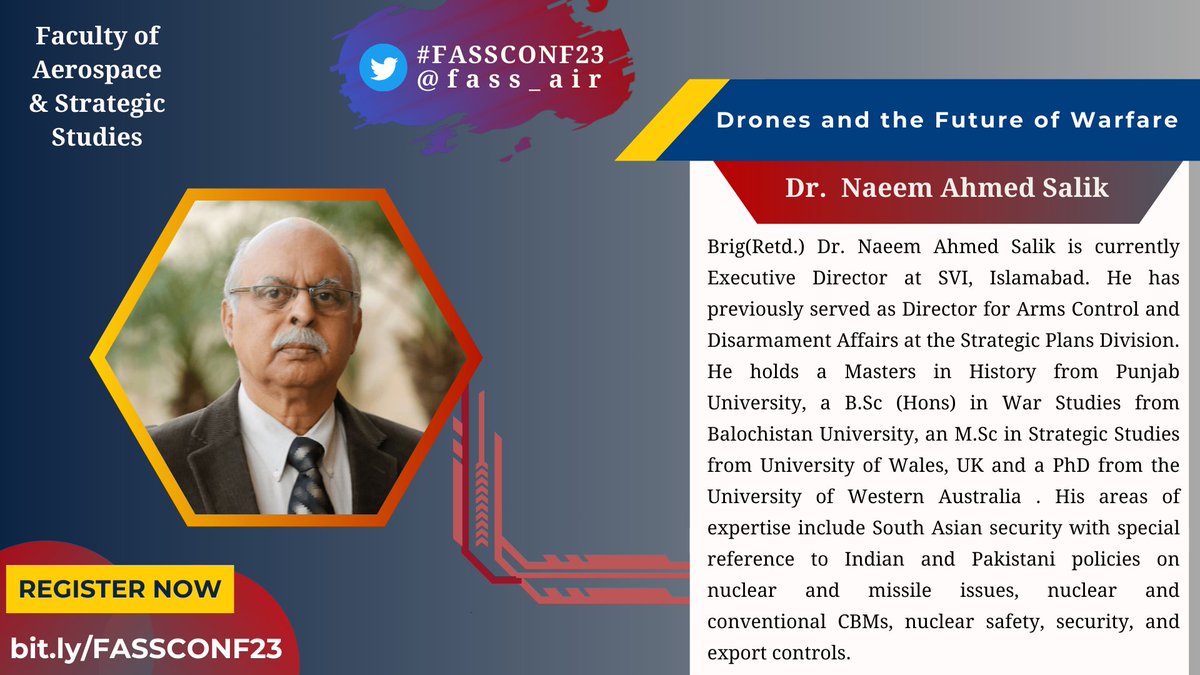fass_air's tweet photo. Announcing Speakers for Panel 2β£ for #FASSCONF23 at @Air_University, #Islamabad -
Dr. Naeem Salik (@Dr_NaeemSalik) of @SVI_Pakistan
REGISTER πβΆοΈ https://t.co/A5oV8RXGcw
@adilsultan @Aiza_Azam @f_aider @Ash_Turk007 @zmzahid30 @Syed_Sabir_ @ayesha_ajm https://t.co/7uMLBHh80w