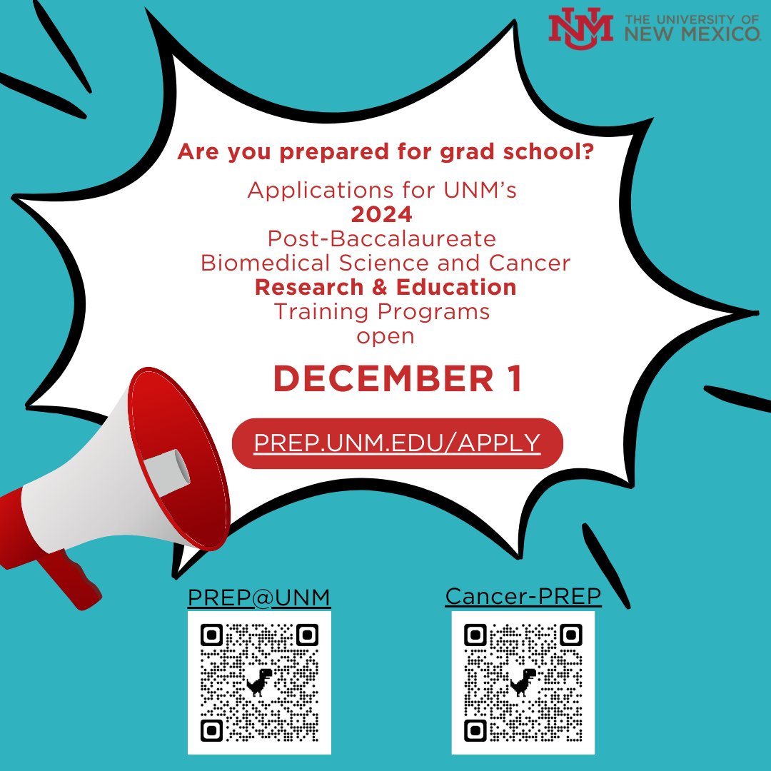 PrepUnm's tweet image. Have you completed your bachelor's degree and want to go to graduate school for the biomedical sciences or build a career in cancer research? Check out UNM's post-bacc programs! Eligibility and application requirements are available below. #UNM #biomedicalresearch #cancerresearch