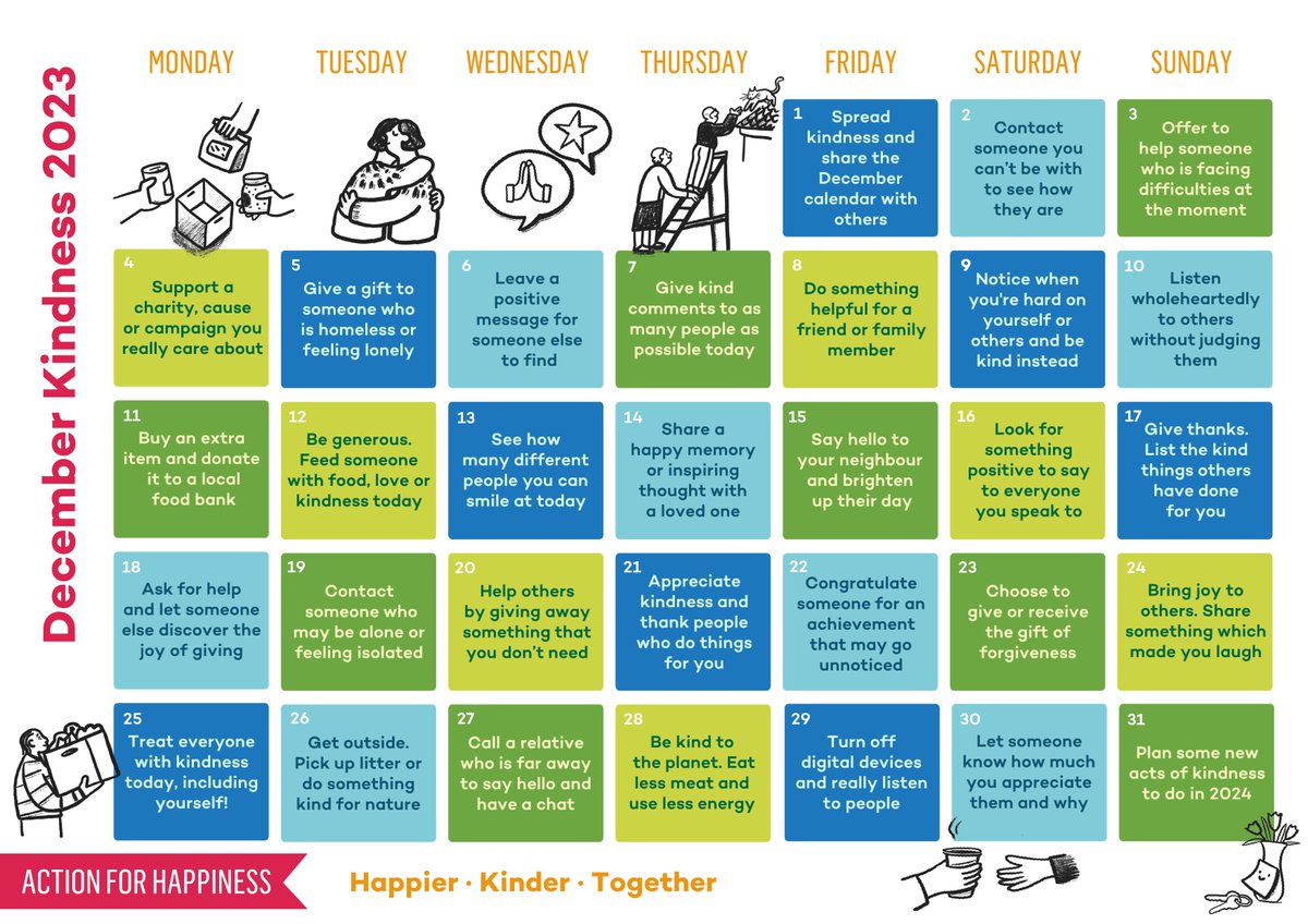 Today is #GivingTuesday so let's do whatever we can to spread a bit more kindness in the world 💕 You can start by sharing our Kindness Calendar actionforhappiness.org/do-good-decemb… #DoGoodDecember