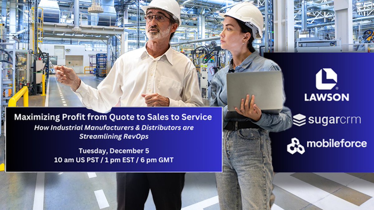 mobileforce_sw's tweet photo. What are today's best #RevOps practices in #QuoteToCash &amp; Field Services, esp. in the #industrial distribution and #manufacturing sectors? Join @Lawson_Products, @SugarCRM &amp; @mobileforce_sw for our 12/5 webinar to learn more. Register today: https://t.co/PT3Igx5FgO  #CPQ https://t.co/6F61tWuK8i