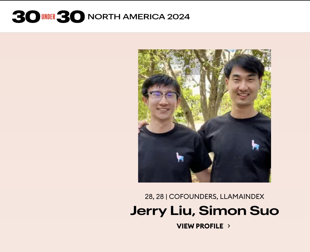 Excited to announce that @disiok and I are featured in @Forbes 30U30 2024! 🎉 It's been a wild year, and we couldn't have done this without our community, partners, investors, and of course our wonderful @llama_index team. forbes.com/30-under-30/20…