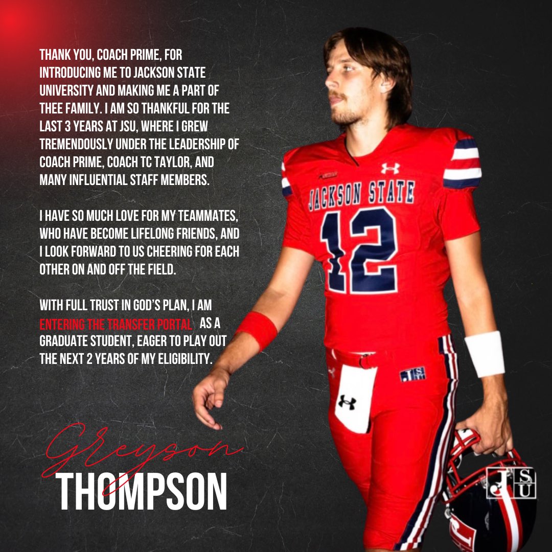 greyson1216's tweet image. I have entered the transfer portal as a grad transfer with 2 years of eligibility remaining. Thank you JSU! 💙