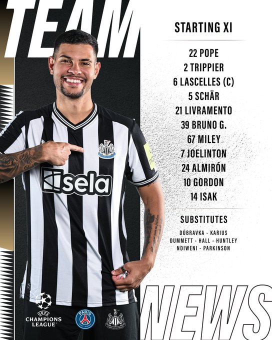 Team v PSG: Pope, Trippier, Lascelles (c), Schär, Livramento, Bruno G., Miley, Joelinton, Almirón, Gordon, Isak. Subs: Dúbravka, Karius, Dummett, Hall, Huntley, Ndiweni, Parkinson.