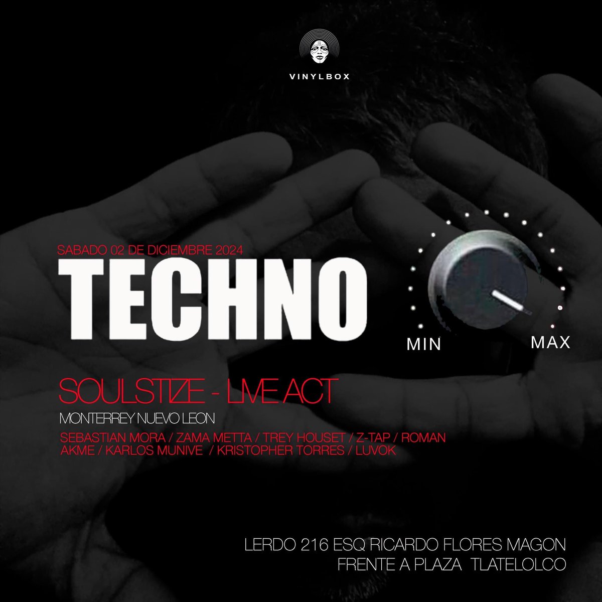 Treyhouset's tweet photo. CON TODO este SÁBADO 02 de DICIEMBRE en Technocity 026 @ vinylbox - Soulstize Live act de Vinylbox Centro Historico CDMX 🔥🔥🔥🔥 #techno #technodj #technomusic #technoparty #CDMX #vinylbox https://t.co/Doth8MLbQk