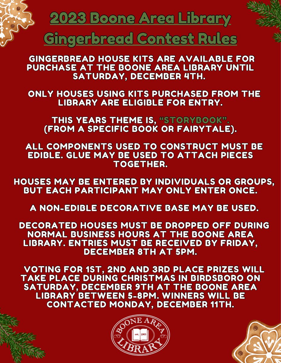 BooneAreaLib's tweet image. Don’t forget about our Gingerbread Contest! Kits are available at the library. They must be submitted by December 8th at 5pm. This year’s theme is “Storybook”. We are so excited to see your creations!
