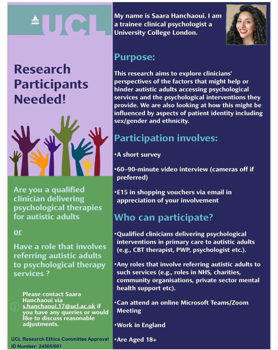 Hi! 

Looking to speak to 1 more clinician with experience directly referring autistic adults to lAPT.

Hoping to learn more about pathways into IAPT whilst keeping in mind intersectionality e.g Autism in relation to ethnicity &amp; sex/gender etc.

Share/contact if interested ⬇️😊