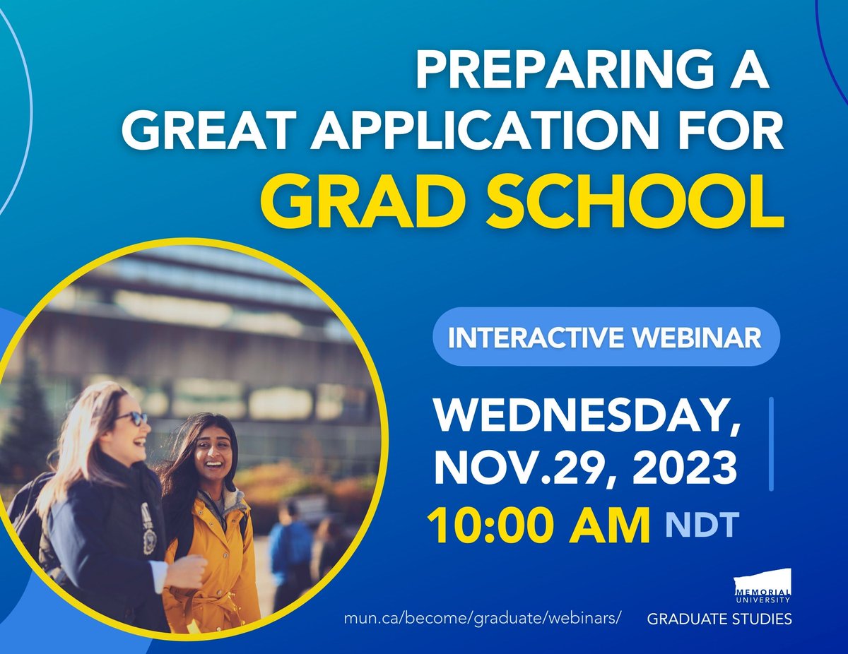 Thinking of applying to grad school? Join us for this webinar to review the details of the application process. Our presenter will provide you with useful tips to help with your application to Memorial.
Register: bit.ly/3GpDf2Y