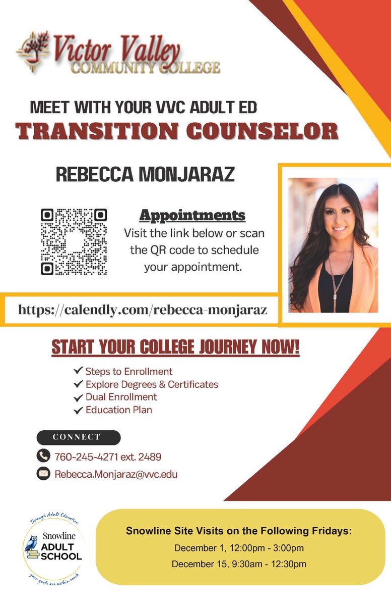 Students, our VVC Counselor will be on-site this Friday, 12/1/23 at 12:00pm at the Snowline Adult School Office, 3919 Nielson Rd. Phelan