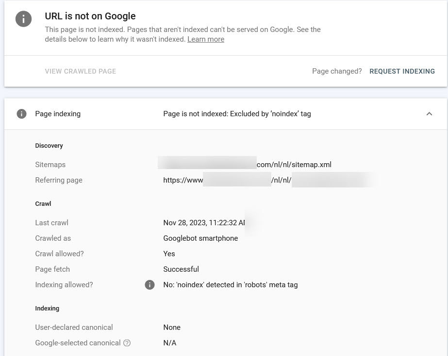 DanLauer22's tweet photo. @JohnMu @dannysullivan @searchliaison Stumped on this inspecting a URL in GSC it shows excluded by the noindex, but the raw code show index tag and live test shows its available? They use geo-ip redirects, Google has recrawled site migration has been live for +45 days. Thoughts? https://t.co/4FwRjr7rfh