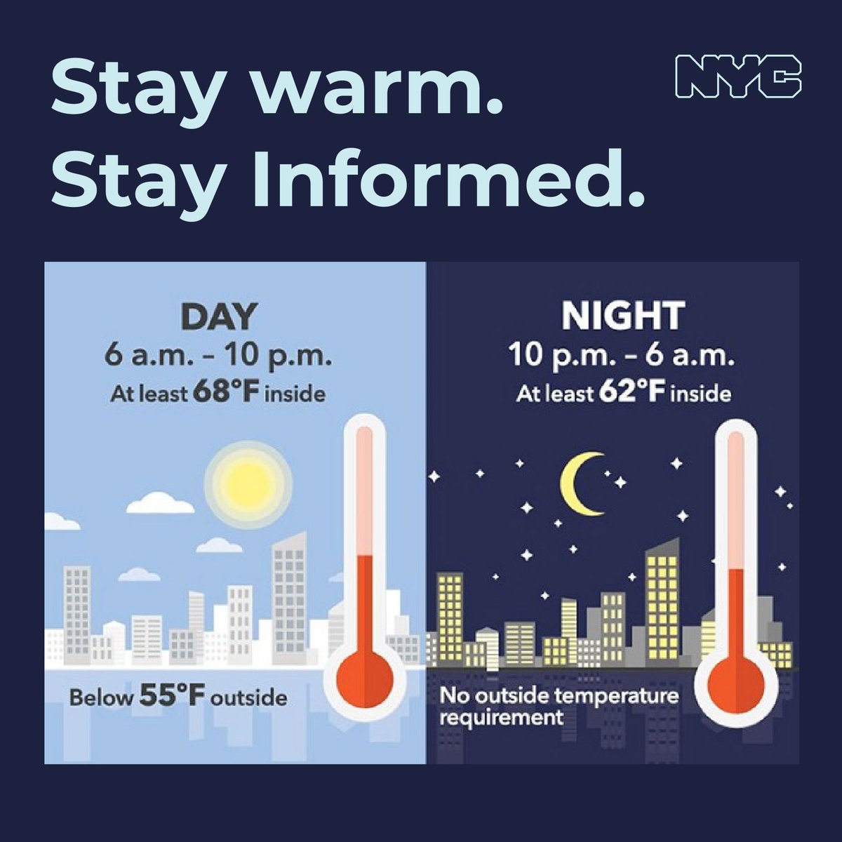 A bit of snow is expected in NYC this afternoon! ❄️ No matter how cold it gets outside, NYC residential buildings must be at least 62 degrees overnight. Know your #HeatSeason rights: nyc.gov/site/hpd/news/…