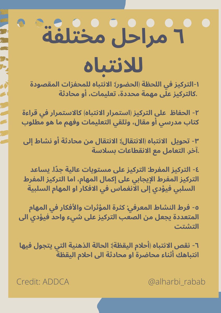 ماذا يعني ان انتبه؟ نميل إلى التفكير في التركيز كشيء وضده: إما أن أكون مركز أو غير مركز. ولكن، في الواقع، هناك انماط مختلفة للتركيز التعرف عليها يساعد في الوعي أكثر ب #اضطراب_فرط_الحركة_وتشتت_الانتباه وكيف تظهر تحديات الانتباه. 
 #ADHD = صعوبة في تنظيم الانتباه 

ADHD❌نقص انتباه