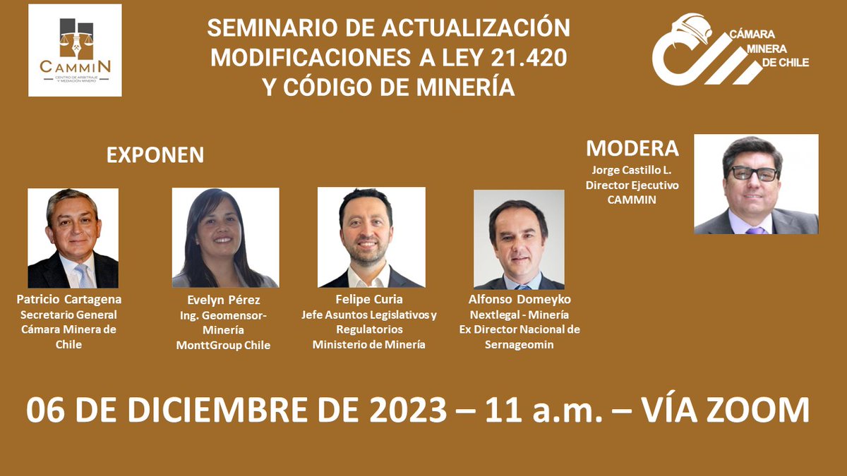 Los invitamos al *Seminario Actualización y Modificaciones a la ley 21.420 y Código de Minería*, el próximo 6 de diciembre a las 11 am.

Link de Registro
us02web.zoom.us/webinar/regist…

<a href="/patocartagen/">Patricio Cartagena Diaz</a>  <a href="/JennyJARojas/">Jenny Rojas</a>
