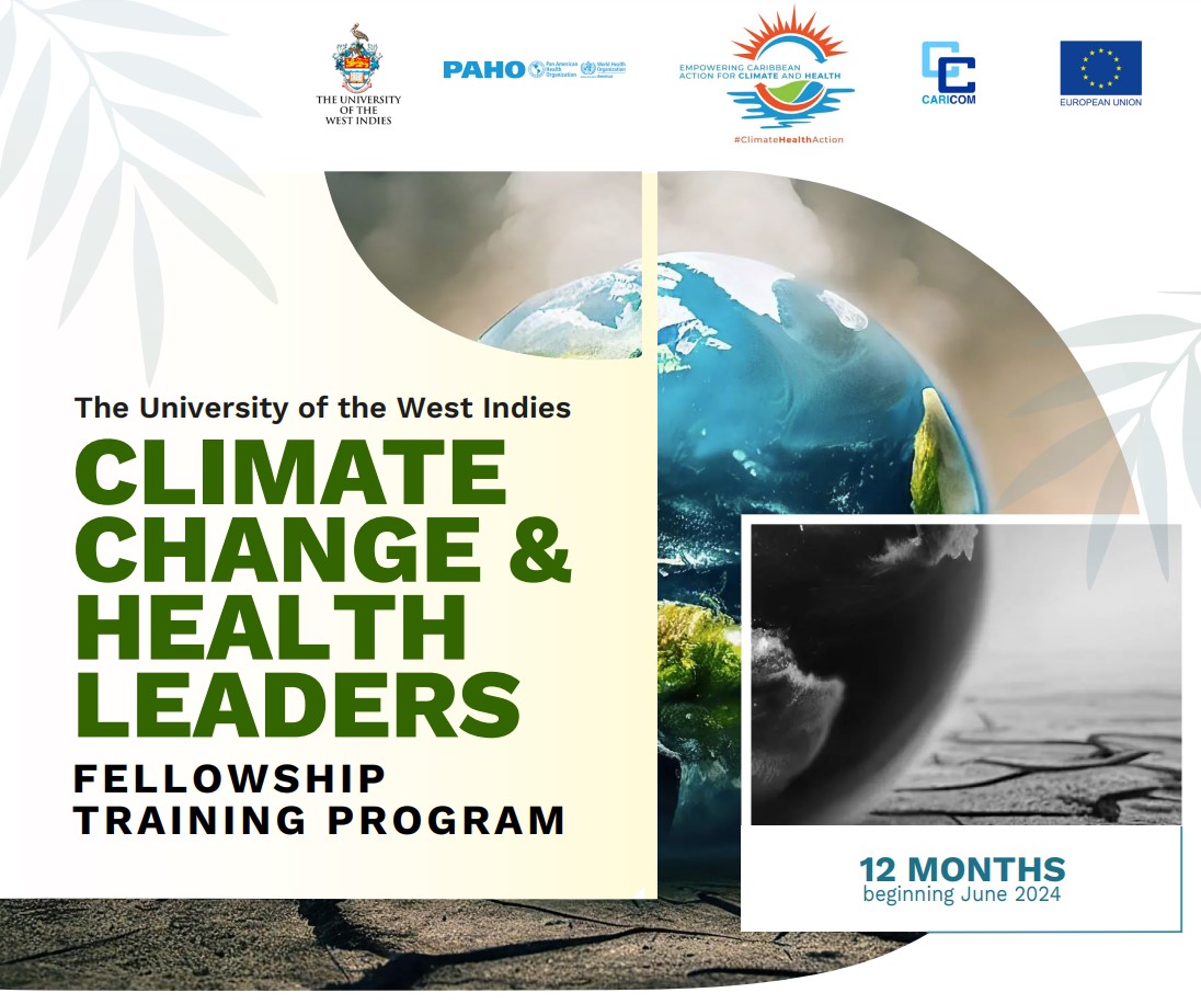 The Climate Change and Health Leaders Fellowship Program at UWI is currently accepting applications! Early to mid-career Caribbean professionals aged 25 to 45 are encouraged to submit their applications. 
Deadline for submissions is January 15, 2024.  sta.uwi.edu/fms/cch/