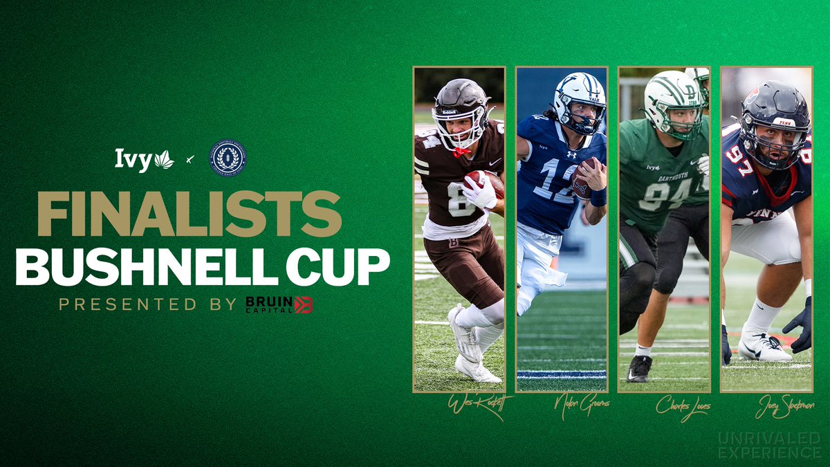 BUSHNELL FINALISTS. 🌿🏈 🌿 Wes Rockett (@BrownU_Football) - Offensive 🌿 Nolan Grooms (@yalefootball) - Offensive 🌿 Charles Looes (@DartmouthFTBL) - Defensive 🌿 Joey Slackman (@PennFB) - Defensive 📰 » ivylg.co/FB112823