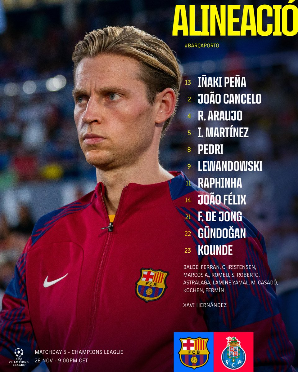 FCBarcelona's tweet photo. 🚨 BARÇA XI 🚨
#BarçaPorto | @ChampionsLeague https://t.co/tfUvX2g87R