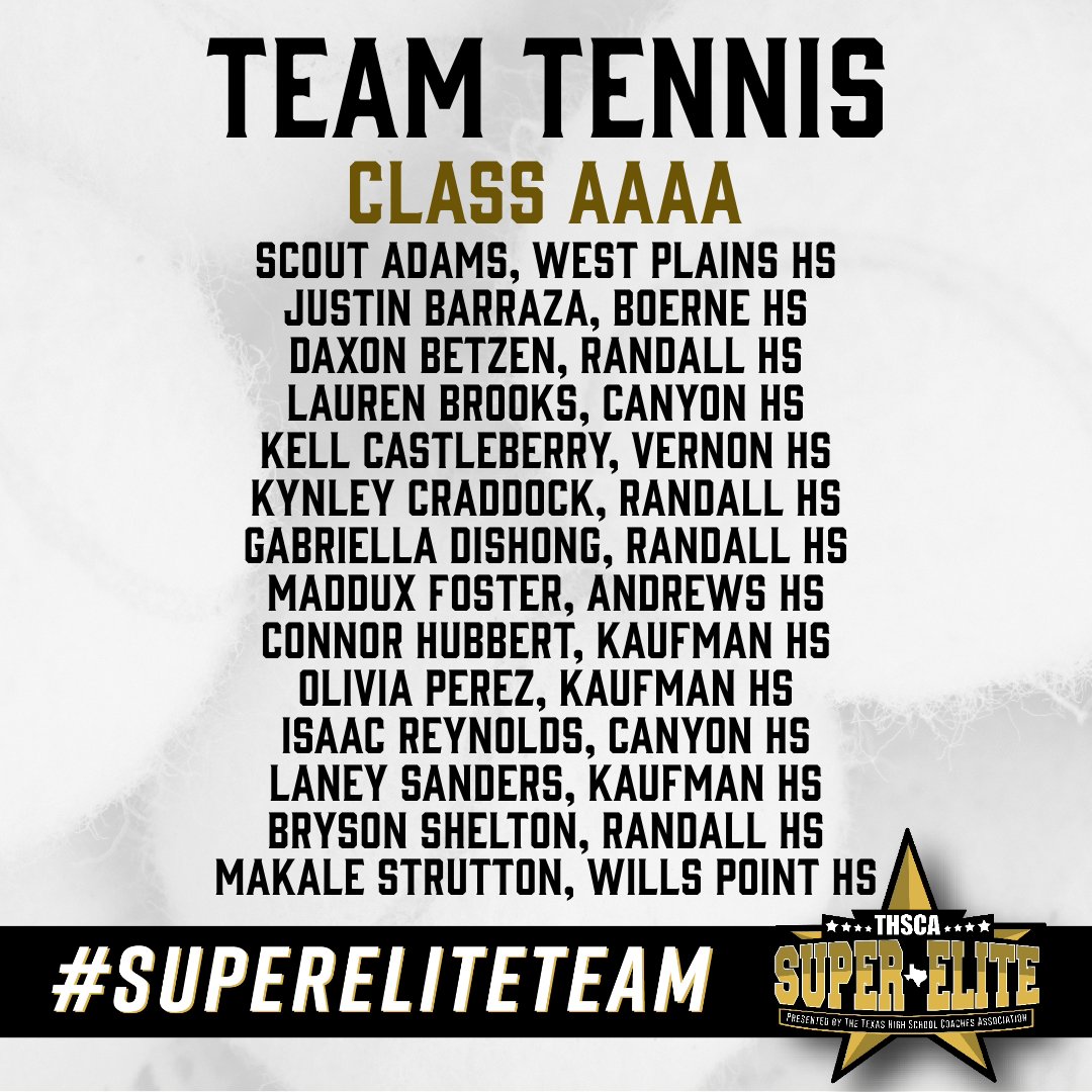 THSCAcoaches's tweet photo. Proud to announce the talented players who've aced their way to the THSCA 4A Team Tennis #SuperEliteTeam!🎾⭐️ Your skill and dedication shine bright on the court. Congratulations!

https://t.co/Wa7lJEgdI9