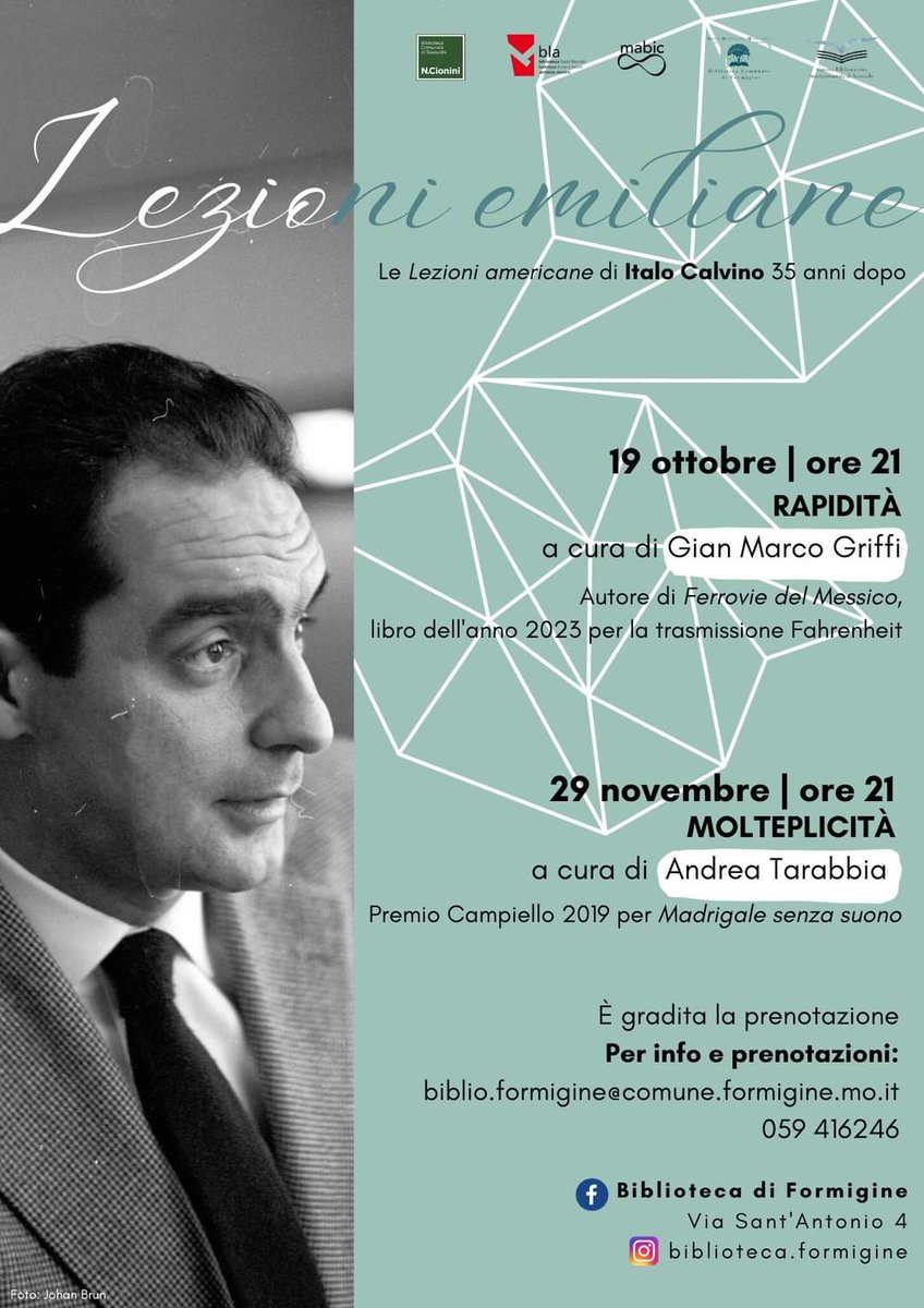 Domani 29/11 alla Biblioteca di Formigine concludiamo le #LezioniEmiliane, rilettura contemporanea delle #LezioniAmericane di #Calvino. @andreatarabbia parlerà di molteplicità. Passate a salutare!