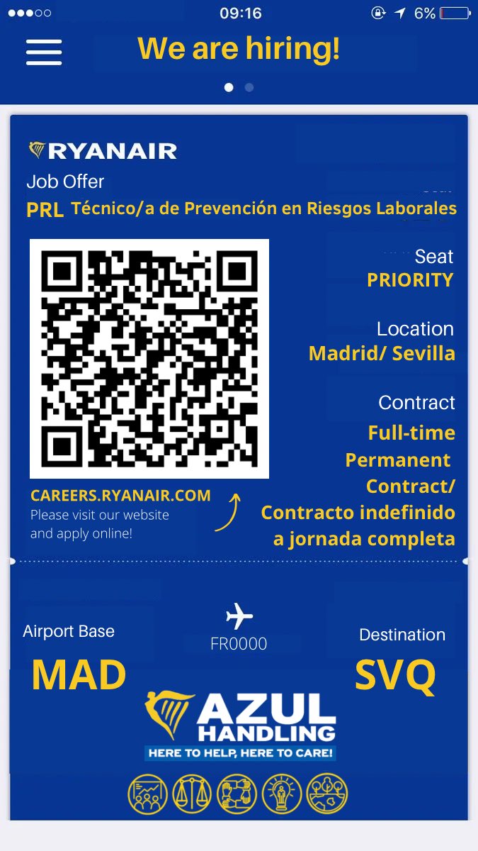 Hola, buscamos a un/a #Tecnico de #PrevencionenRiesgosLaborales que se una a nuestro EquipAzul en la base de #PMI o de #MAD/ #SVQ. Visita nuestra página web para más información. ¡Únete!
#theazulway #heretohelpheretocare #fivepillars #OneVision #OneMission #ofertatrabajo <a href="/Ryanair/">Ryanair</a>