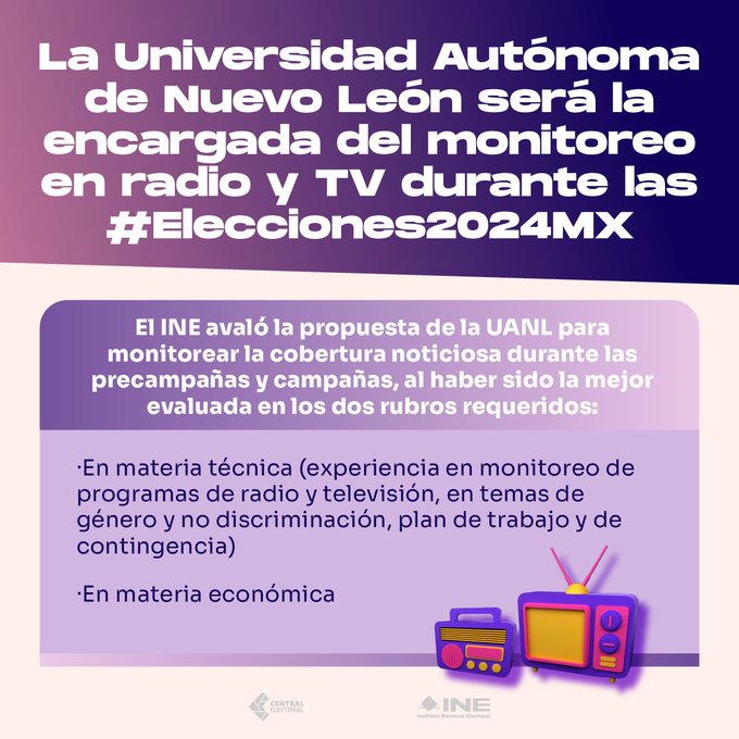 La Universidad Autónoma de Nuevo León será la institución educativa encargada de realizar el monitoreo y análisis de la cobertura de los programas de 📻 y 📺 que difundan noticias durante las #Elecciones2024MX 🗳️ ine.mx