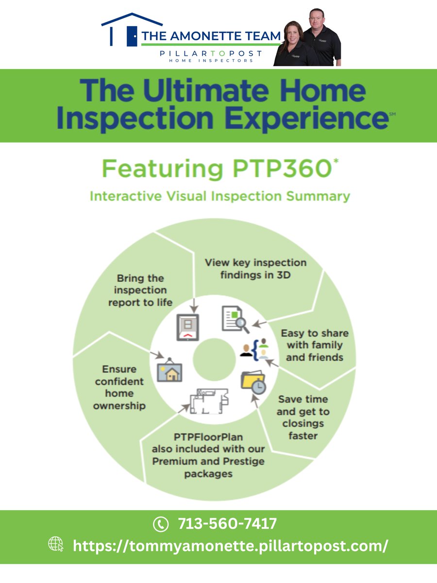 Contact the Amonette Team for more information! 

Phone: 713-560-7417
Email: tommy.amonette@pillartopost.com
tommyamonette.pillartopost.com

#PTP360 
#PillarToPost 
#HomeInspection
#Realtor
#Homebuyer