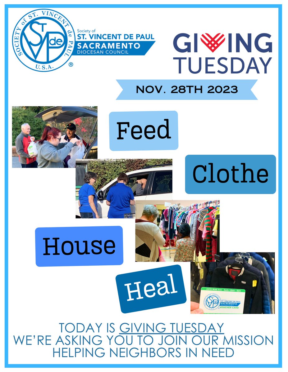 #GivingTuesday is today! Only 24hrs to give! Reshare this post with why you are giving to Society of St. Vincent de Paul, Sacramento today. #Givingback #helpushelpothers #caring crm.bloomerang.co/HostedDonation…