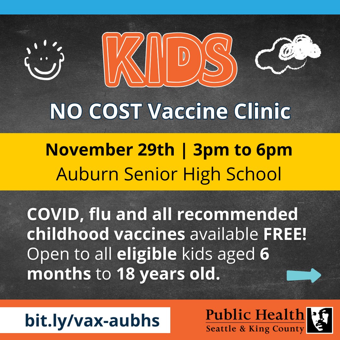 South King County families! Get all the vaccines your child needs for school for FREE! Bring siblings, too--vaccine available for children from 6 months to 18 years.