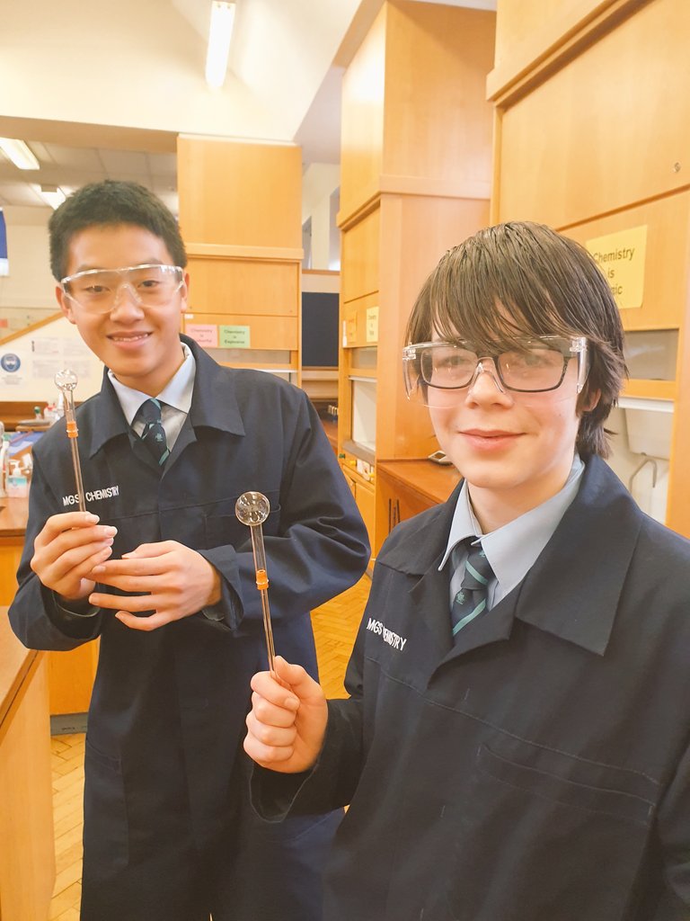 MGS_Chemistry's tweet photo. We had so much fun glass blowing today in Middle School ChemSoc. Can't wait to silver mirror these and get them on the chemisTREE 🌲🌲 https://t.co/TUux5N6paL