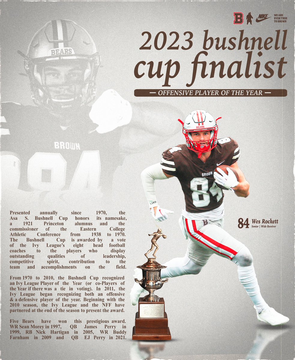 Wes Rockett has been named a finalist for the Bushnell Cup/Ivy League Offensive Player of the Year! The winner will be announced in a presentation at the New York Athletic Club on December 11. 📰- bit.ly/3QRJDoI #EverTrue