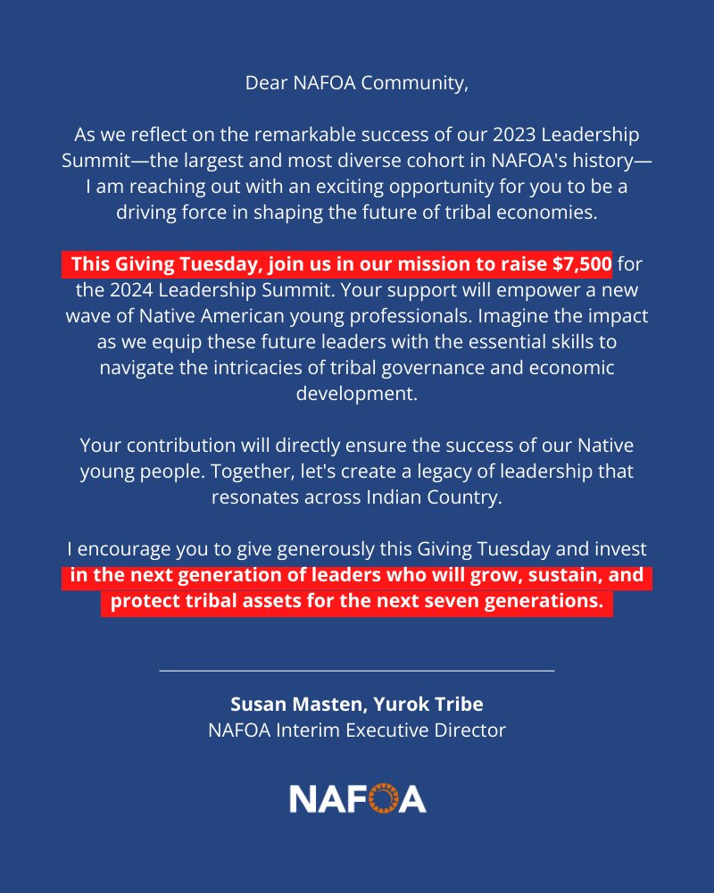 nafoaorg's tweet image. Empower the next generation of Native leaders! Contribute to the Leadership Summit this #GivingTuesday. Your support makes a difference. #GiveNative #NativeNonprofits #SupportNativeLed nafoa.org/donate