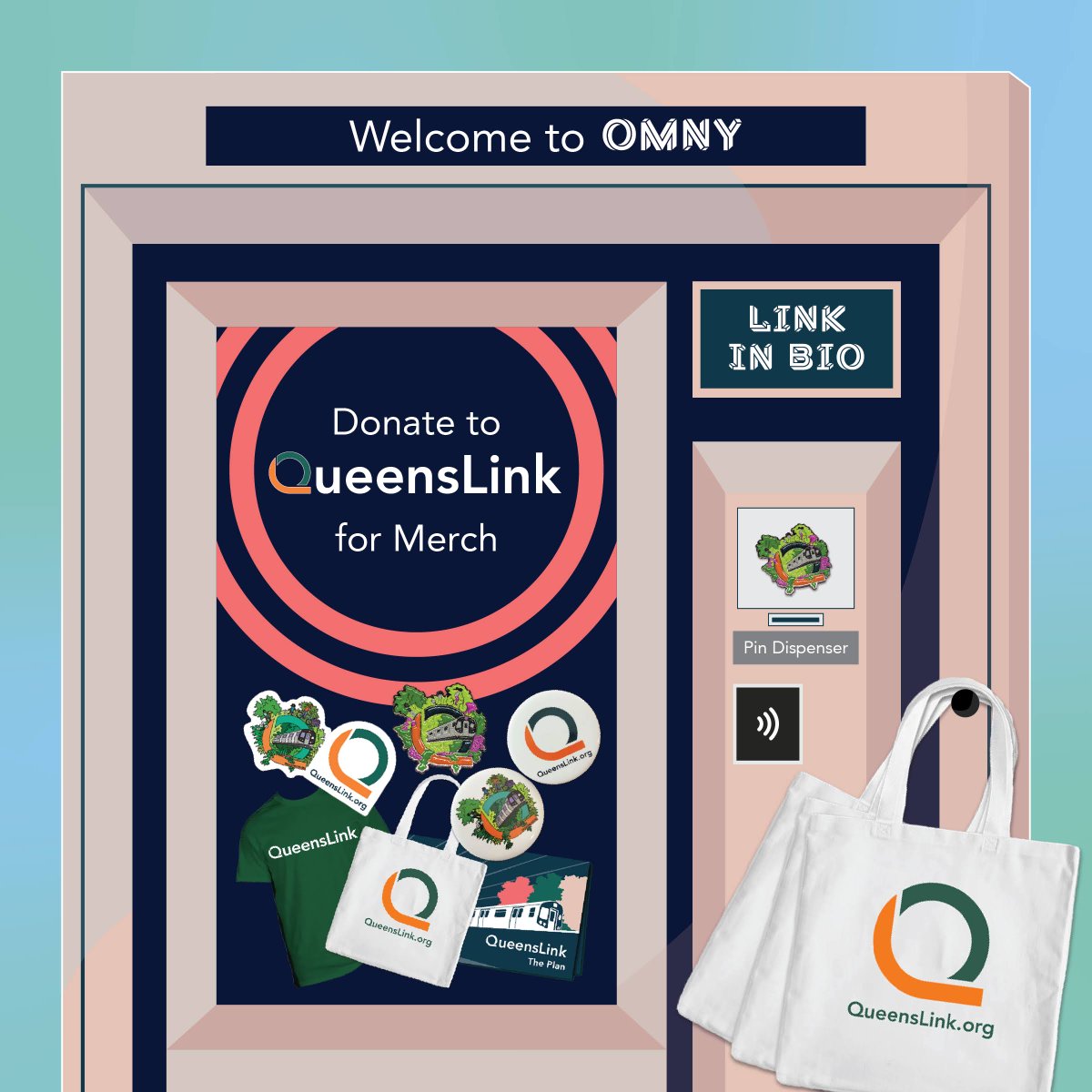 thequeenslink's tweet photo. Have you seen the new OMNY machines? For #givingtuesday we decided to make our own spin on these new devices! Consider donating to #QueensLink to support our mission for #RailsandTrails and get some cool merch 😎 https://t.co/j8S6a042e7 https://t.co/aWFPYphjrZ