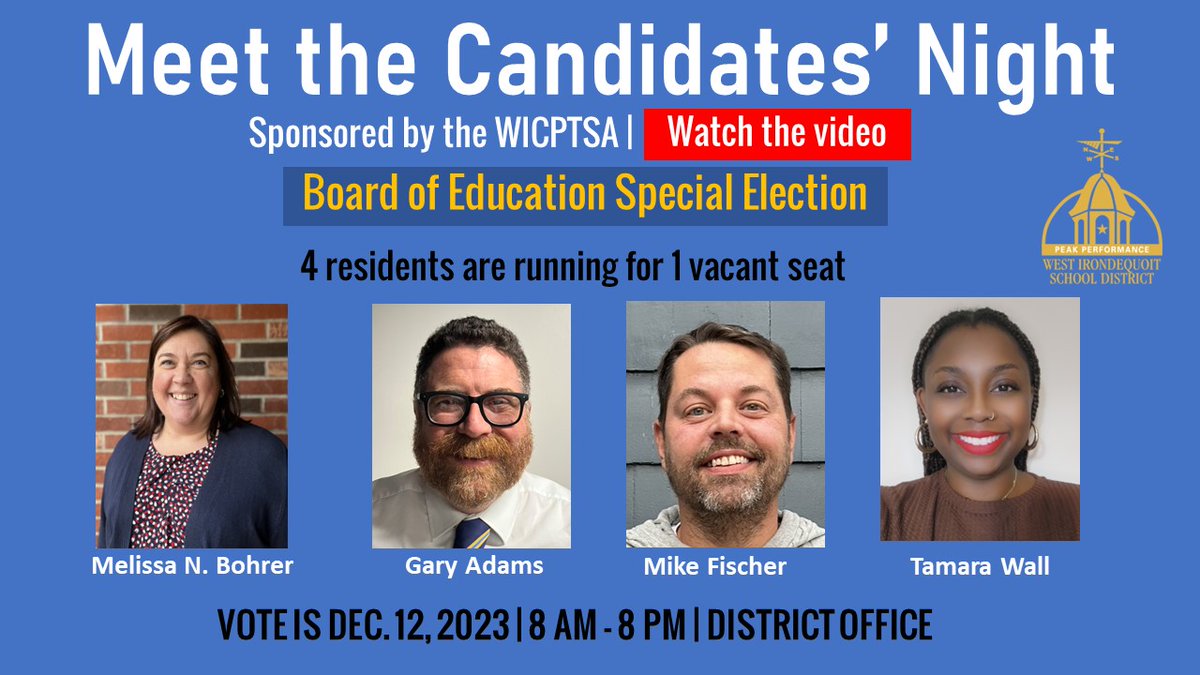 Click below to watch a video of Monday's Meet the Candidates' Night. Meet the 4 residents running for one seat on our Board of Education in a Dec. 12th Special Election. The election is 8 a.m.-8 p.m. at District Office.

🔹VIDEO: youtu.be/8BiEqLKIKWo
🔹CANDIDATE BIOS: