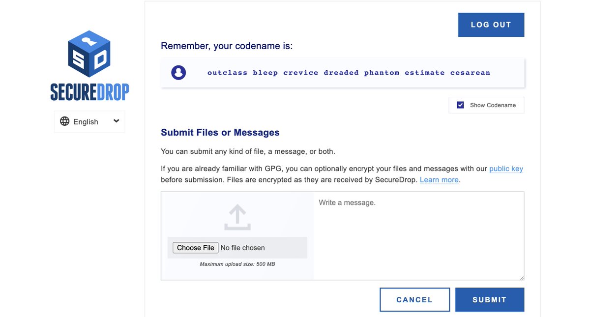 FreedomofPress's tweet image. 1. @SecureDrop and the #VulkanFiles: Unveiling Russian cyber espionage freedom.press/news/2023-5-un…

📸 The source interface for Freedom of the Press&apos; SecureDrop. This is what the anonymous whistleblower used to share leaked documents with reporters. (SecureDrop Demo)