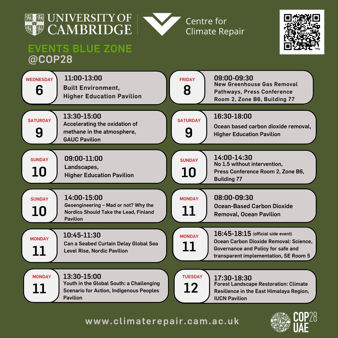 We are delighted to share with you our participation at #COP28. Our core team @DrSDFitzgerald, @hughhunt & @nestorma_law will be in attendance. Most of our events take place in week two. Please check our website regularly for updates: climaterepair.cam.ac.uk/events/cop28