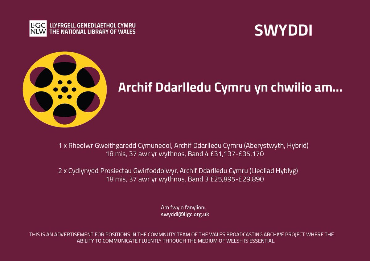 LLGCymru's tweet photo. Mae Archif Ddarlledu Cymru'n edrych am unigolion creadigol a brwdfrydig i ymuno â'r tîm!

Cyfle gwych i fod yn rhan o dîm deinamig yn dod â hanes darlledu Cymru'n fyw. Swyddi ar gael yn rheoli prosiectau cymunedol a gweithio gyda gwirfoddolwyr. Manylion yma! https://t.co/f5Ls1apvZj