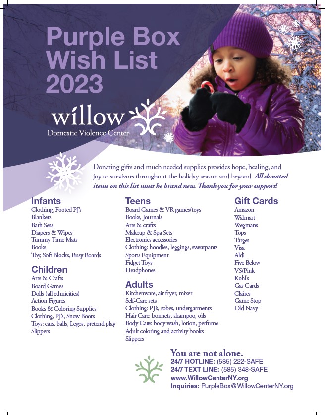 <a href="/GreecePoliceNY/">Greece Police NY</a>  is participating in Willow’s Purple Box Campaign.

This program is a special initiative that collects new items to create gifts for children affected by domestic violence. Community support plays a crucial role in creating a sense of normalcy &amp; joy for children