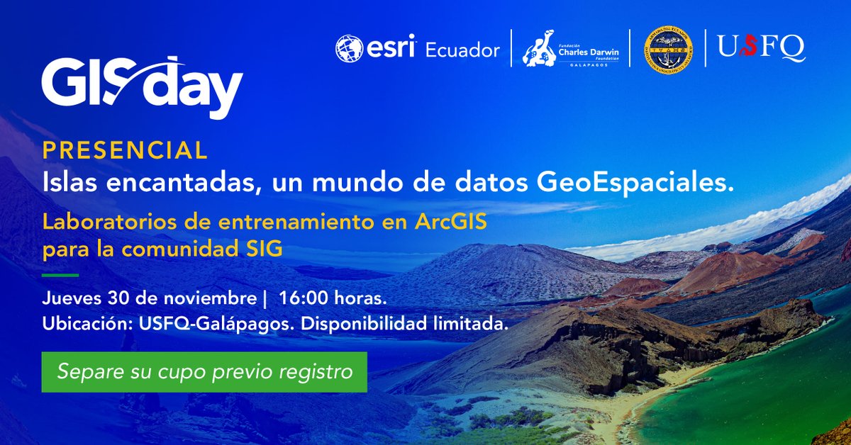 ¿Está en #SanCristobal #Galápagos? Separé su cupo para los laboratorios de entrenamiento en #ArcGIS.
Consulte los temas en la página web: mercadeo.esri.co/laboratoriosde…

#ArcGIS #GISDay #GISWeek