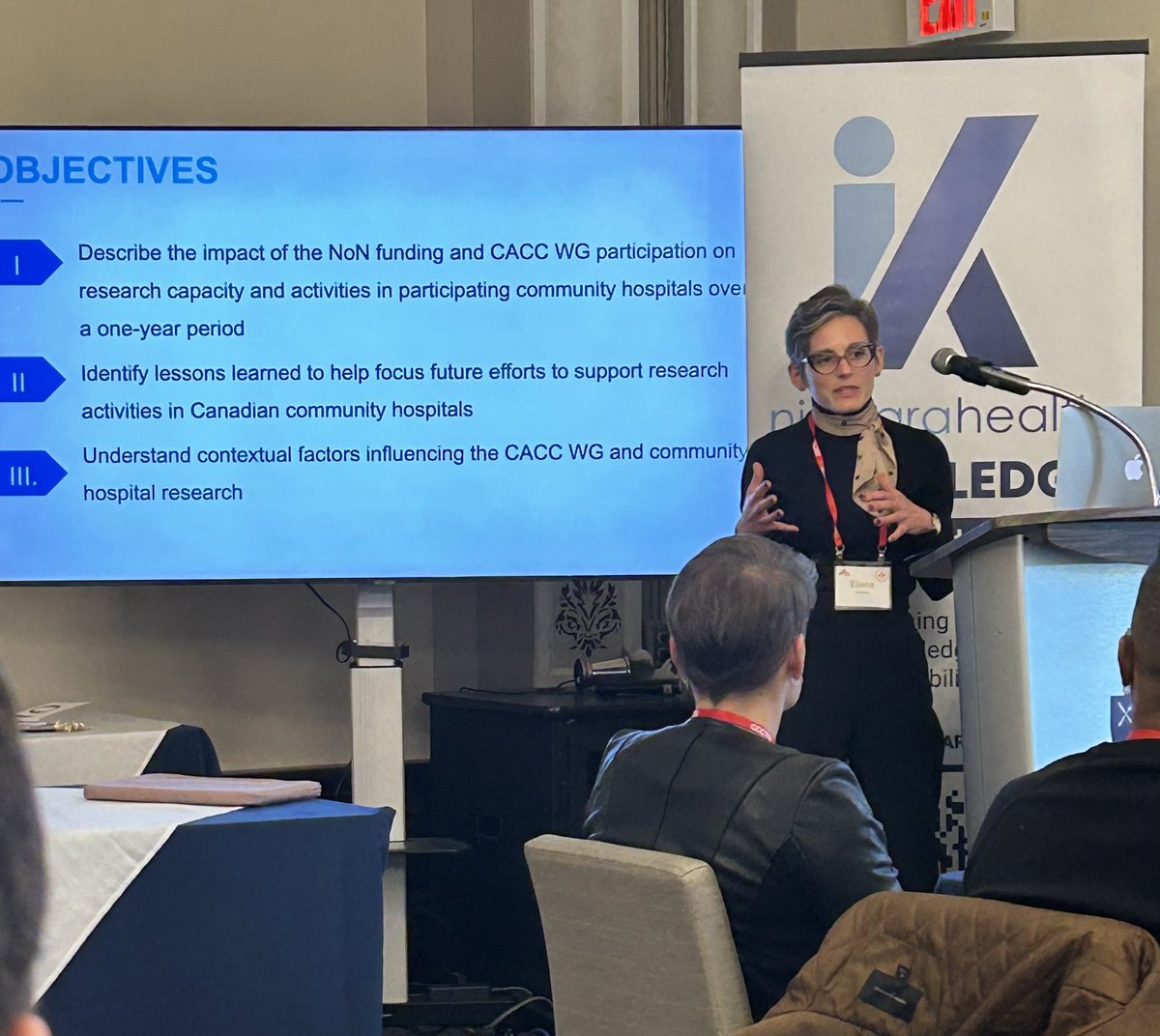 niagarahealth's tweet photo. @CCIRNet @JenniferTsang12 @OslerHealth @CCCTG_ @VanessaGyorffy @McMasterU Elaina Orlando, #NHKI research manager #Niagarahealth, presenting at #CCIRNet2023 on a case study, funded by COVID-19 NoN Postdoc Fellowship, to examine the outcomes of COVID-19 NoN support on community hospitals’ participation in research. @CCCTG_ @CCIRNet https://t.co/Q64Vuvai4D