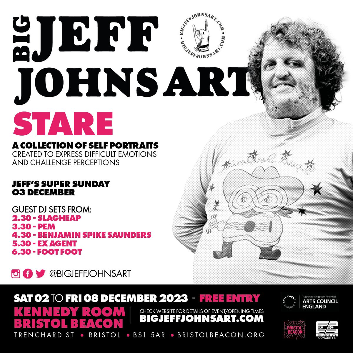 BigJeffJohnsArt's tweet photo. We are super excited to share the details of Jeff’s SUPER SUNDAY 🕺🏼. Big Jeff will be taking over the foyer outside the Kennedy Room at Bristol Beacon this Sunday 3rd December with guest DJ sets &amp; a special set from the man himself! https://t.co/sVsGzmfktA