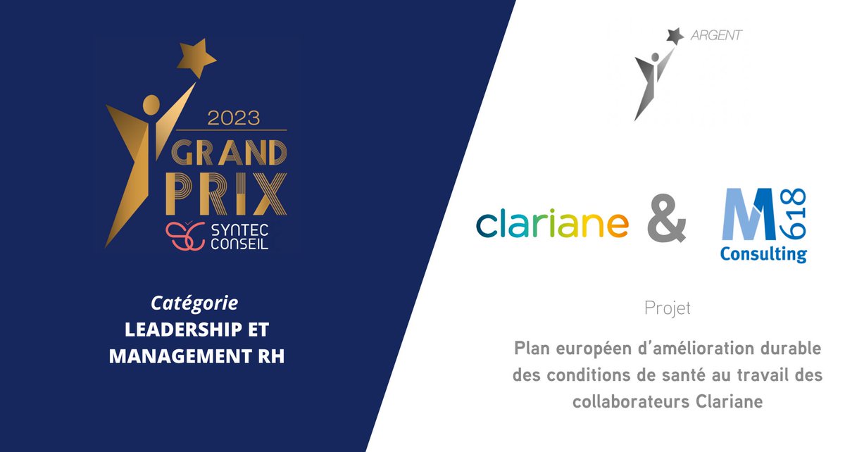 [LIVE] #GrandPrixSyntecConseil | Catégorie « Leadership et Management RH » : <a href="/Clariane/">Clariane</a> et M618 Consulting remportent le prix Argent (ex aequo) 👏 Avec <a href="/EventPrache/">Prache Media Event</a> et <a href="/Challenges/">Challenges</a>