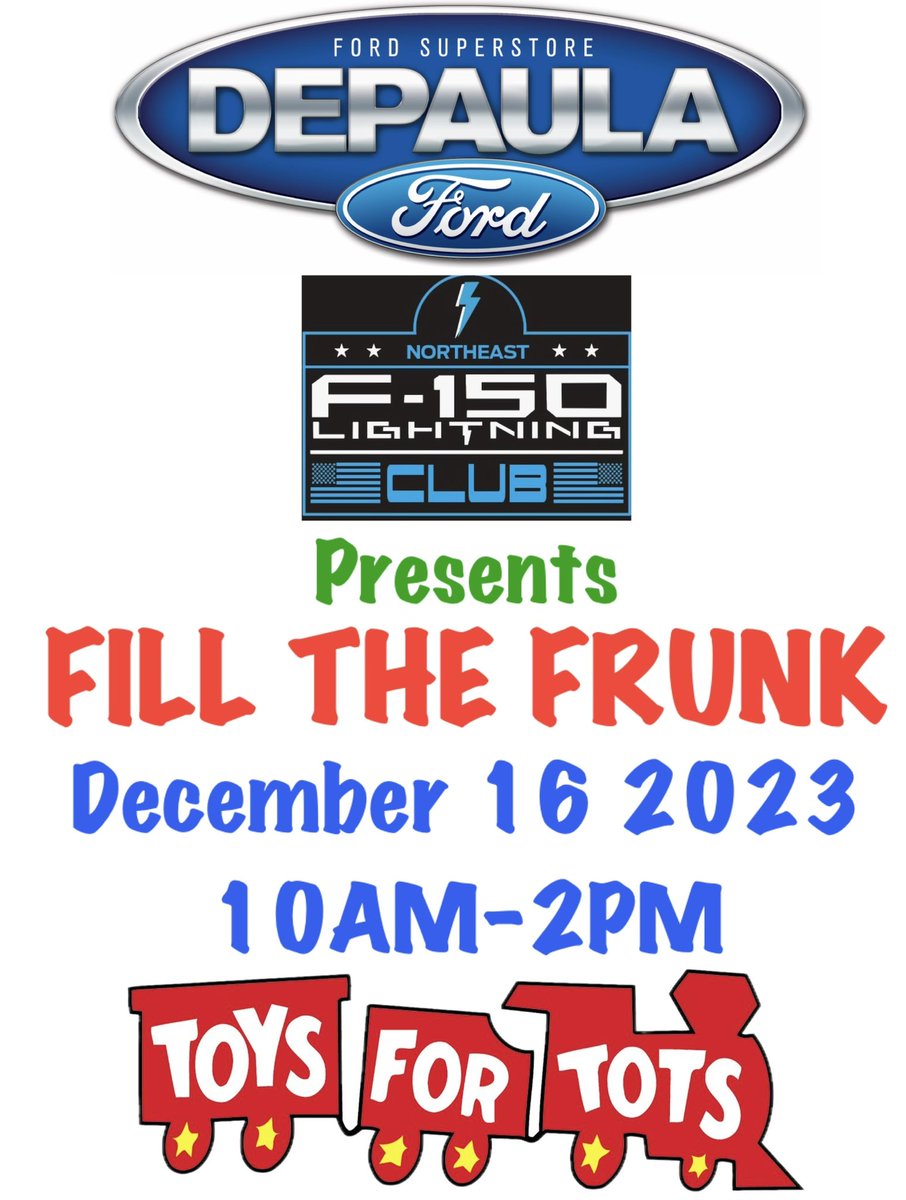Join us in upstate New York and let’s #FillTheFrunk! Saturday Dec. 18 please stop by Depaula Ford in Albany from 10-2 with unwrapped toys…let’s try to fill a few Frunks! <a href="/ToysForTots_USA/">Toys for Tots</a> #toysfortots <a href="/Ford/">Ford Motor Company</a> <a href="/Dadalorian13/">🔋 Joe Sholtes🛻⚡️</a>