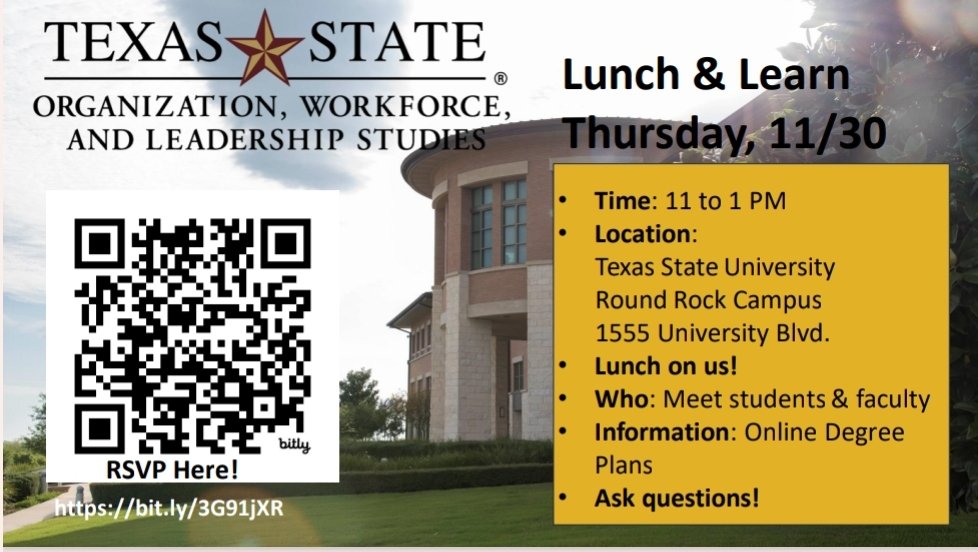 @TxStateOWLS 
Lunch & Learn on Thursday at the Round Rock campus! Reserve your lunch! @txstrrc 
Owls.txstate.edu