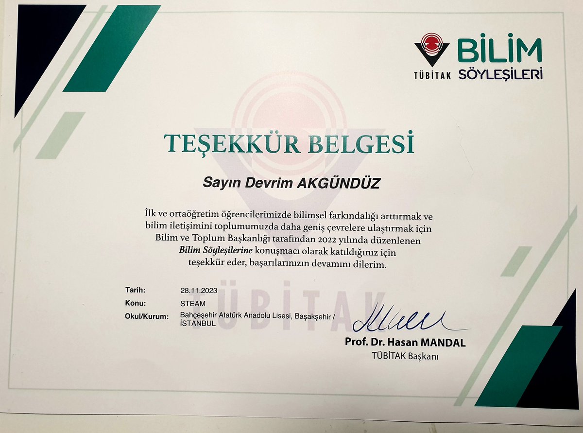 28.11.2023 tarihinde TÜBİTAK Bilim Söyleşileri Programı kapsamında Bahçeşehir Atatürk Anadolu Lisesi öğrencilerine "Geleceği Tasarlamak için STEM Eğitimi" isimli bir konuşma yaparak STEM, Yapay Zeka, Metaverse, Robotik, Toplum 5.0, VR, AR, XR, 3D, uzay yarışı ve üretmenin