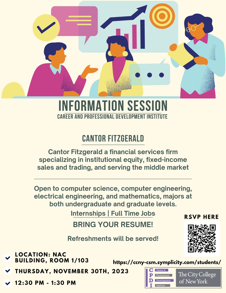 CPDINAC1_116's tweet photo. Hosted by the Career and Professional Development Institute, it is an information Session for Cantor Fitzgerald!
An American financial services firm specializing in institutional equity, fixed-income sales and trading, and serving the middle market https://t.co/P4nx3PXzpV