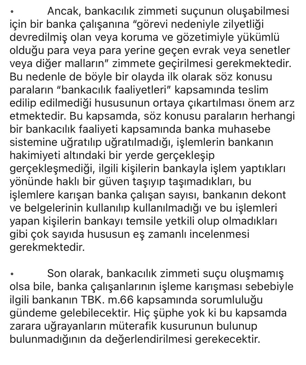 Güncel Bir Olay Çerçevesinde Bankacılık Zimmeti Suçu Bakımından Bankaların Hukuki Sorumluluğu Üzerine Bazı Notlar;