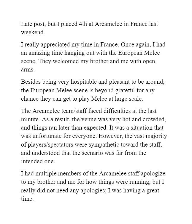 NotAklo's tweet photo. TLDR if you can't read at a 3rd grade level:

- I had a great time at Arcamelee in France last weekend

- The NA Melee scene could learn a lot from the European Melee scene

- European Melee players/TOs have priorities that aren't Melee, but they are not lazy https://t.co/yY456zPbzW